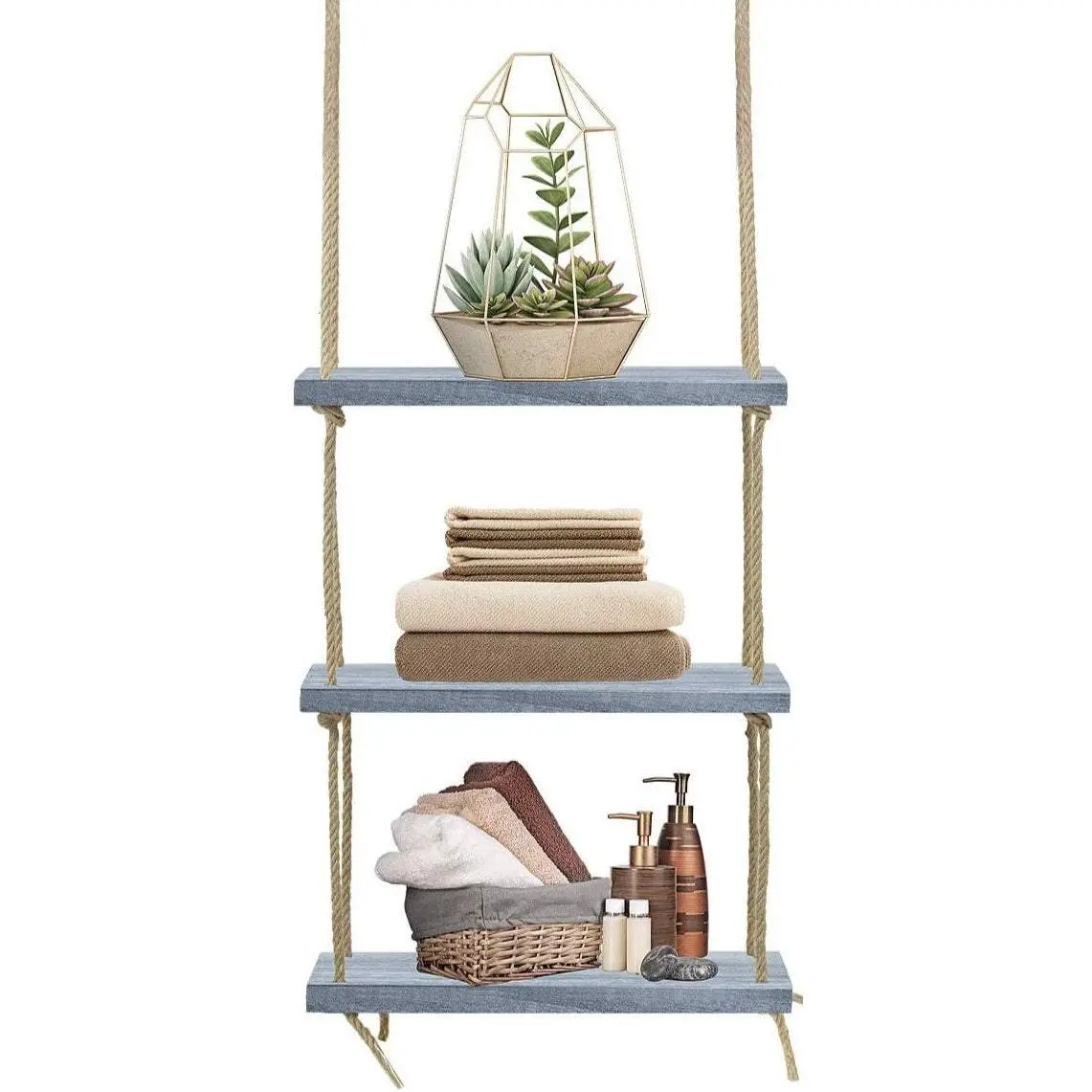 3-Tier Rustic Wood Rope Floating Shelf for Home Décor and Storage Organizers Faux Mdf