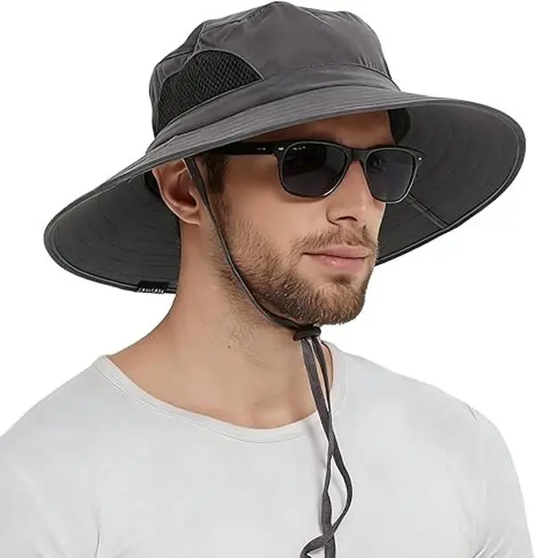 Wide Brim Waterproof Bucket Hat for Men & Women, Adjustable Foldable Outdoor Sun Hat with Chin Strap & Sweatband