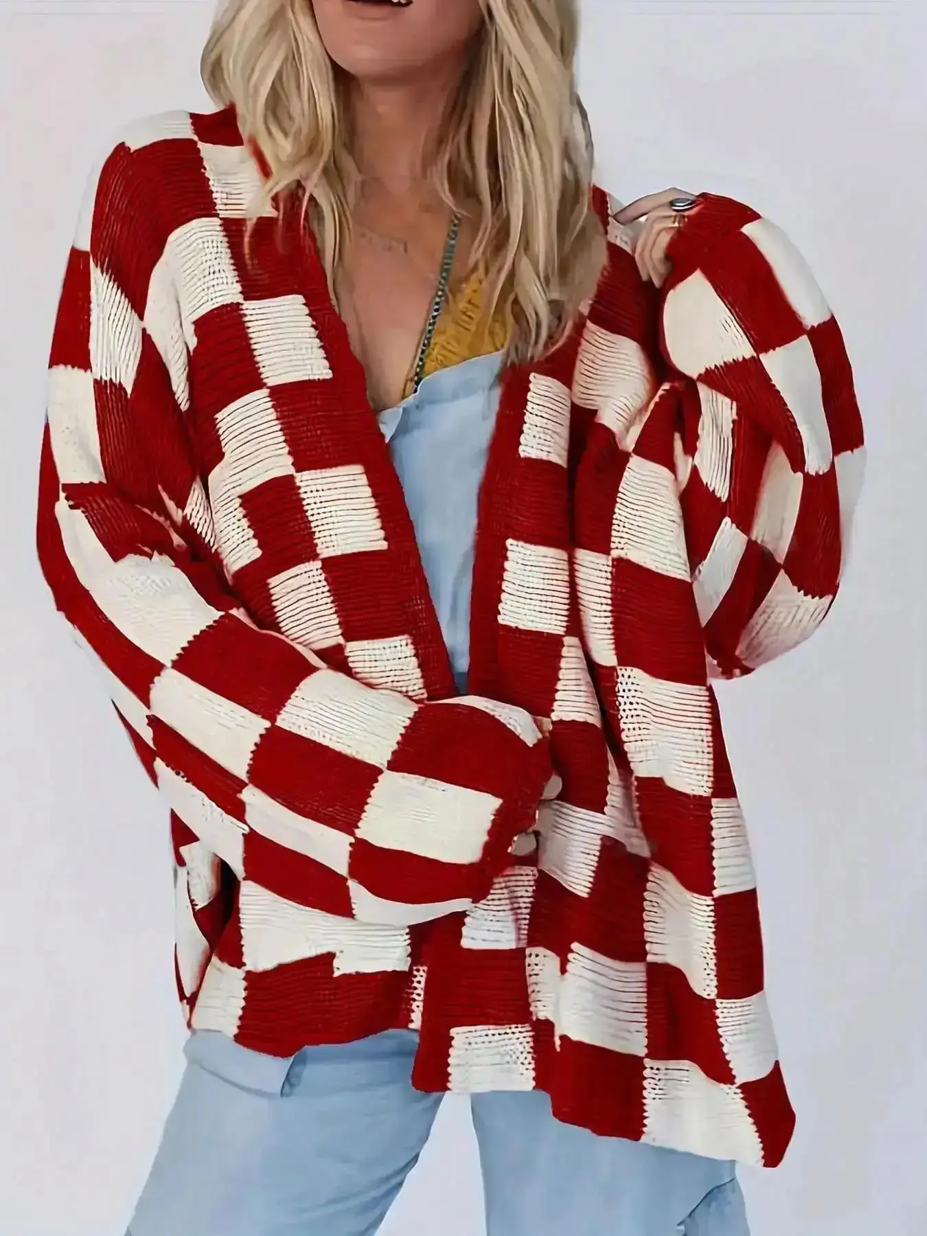 Open Front Knit Cardigan, Plaid Checkerboard Loose-Fit Sweater Cardigan, Soft Comfortable Fashion Knitwear, Retro Casual Style Long Sleeve Pullover Coat, Womenswear, Lookbook, Aesthetic, Styling Essential, Versatile