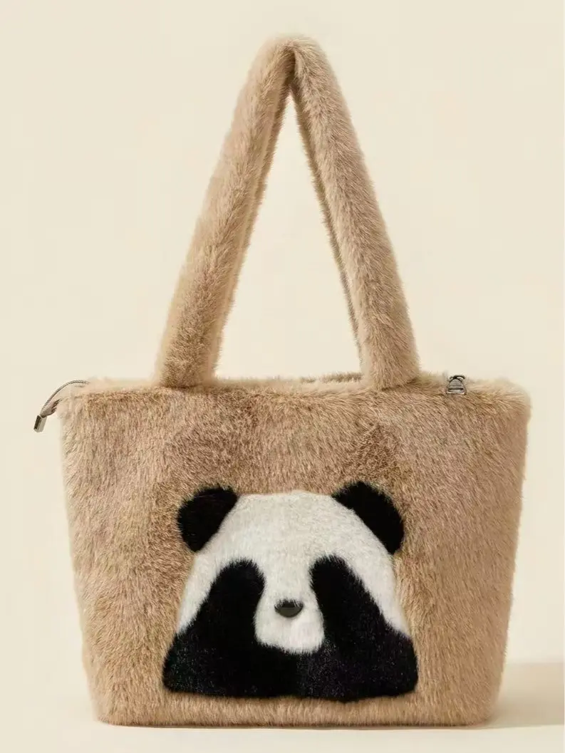Cute Panda Plush Tote Bag - Fluffy Fuzzy Shoulder Bag, Kawaii Animal Handbag, Soft Winter Purse Gift for Her