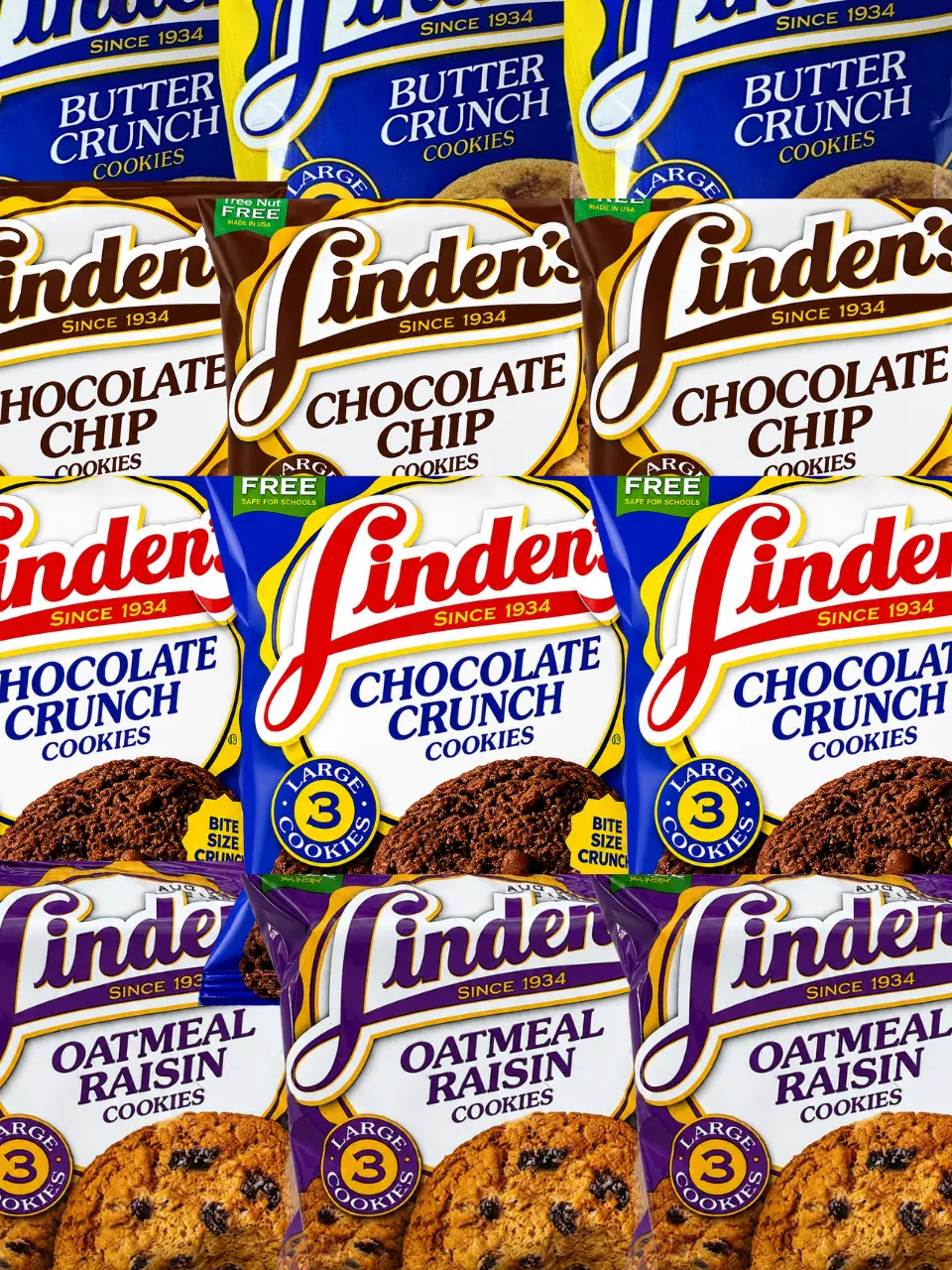 4 Flavor variety -Linden's Cookies Variety Pack 1.8oz Bags | NYC Bodega Cookies | Butter Crunch, Chocolate Chip, Chocolate Crunch & Oatmeal Raisin Cookies | 12 Pack – NY Snack Pantry