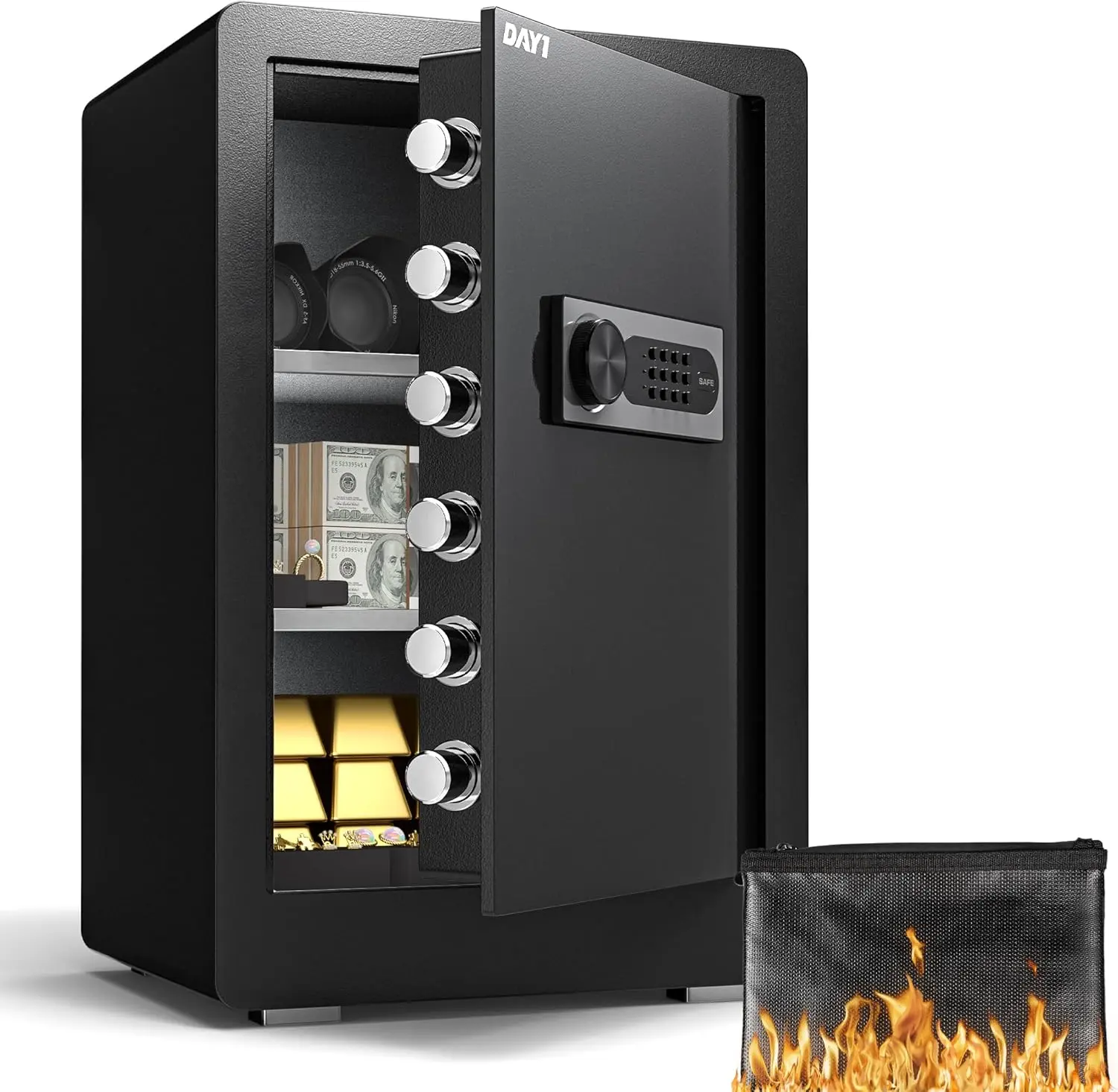 DAYI Safe Box, 3.0 Cubic Feet Home Safes with Fireproof Waterproof Bag, Security Safe for Money Cash Documents, Digital Keypad, Dual Alarm System, Removable Shelf