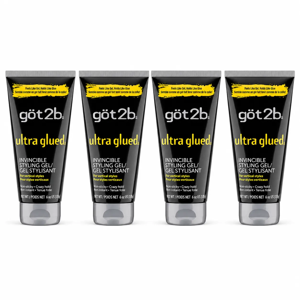 Got2b Ultra Glued Invincible Styling Hair Gel 6 oz (Pack of 4), Strong Hold Hair Gel Non-Sticky No-Flake Formula, Long-Lasting Hold for Men & Women