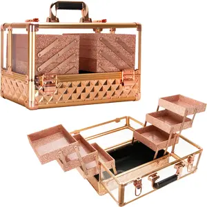 VER Beauty Armored Acrylic 6-Tiers Accordion Trays Professional Cosmetic Makeup Portable Travel Train Case with Brush Holder (Rose Gold)