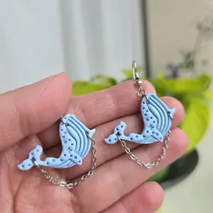 Handmade Polymer Clay Earrings with Blue Whale Design Hypoallergenic Hooks Stainless Steel Chain Jewelry