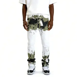 Men's Slim Straight Jeans Green Grey Camouflage Print Heavyweight Fabric Button Closure Color Block  No Belt Mid Waist Casual Streetwear Classic Menswear Fashion