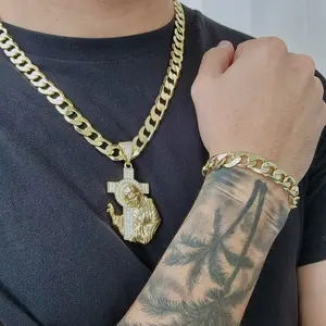 ViOrO 14K Gold Plated 10mm Cuban Link Chain with Zircon Jesus Christ Pendant for Dairy Use. Electro Laminated Premium Jewelry