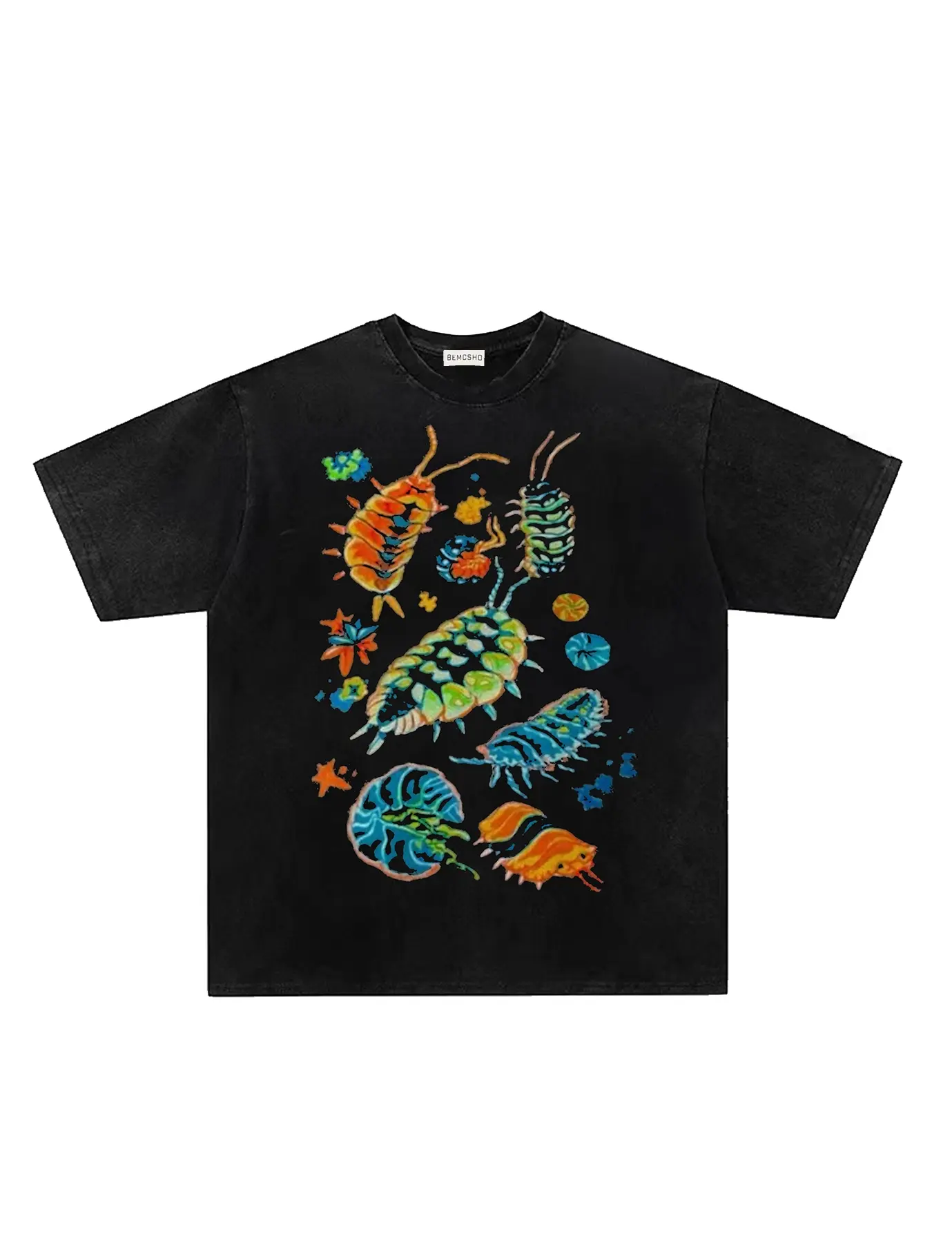 Men Women Vintage Washed Tie-Dye Tropical Insect Print Short Sleeve Round Neck Casual Drop Shoulder Streetwear Fashion Tee Shirt Casual Summer Tops
