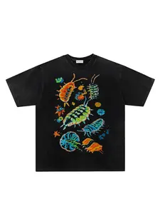 Men Women Vintage Washed Tie-Dye Insect Print Short Sleeve Round Neck Casual Drop Shoulder Streetwear Fashion Tee Shirt