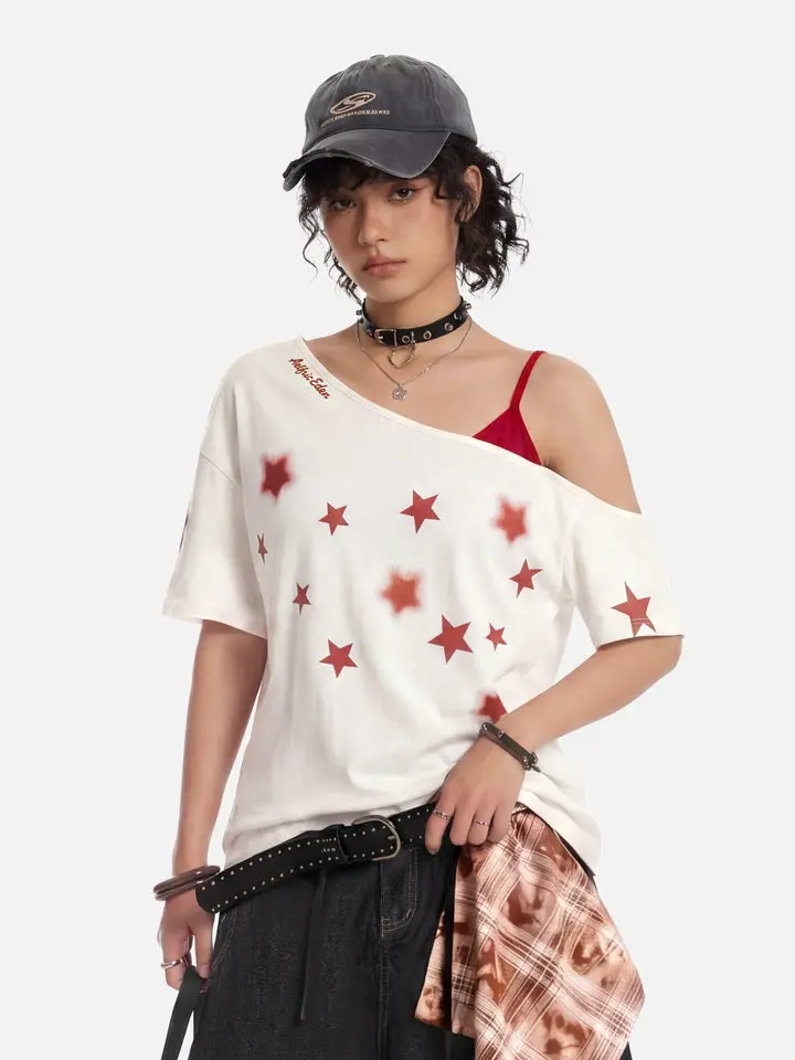 Aelfric Eden Star Graphic Off The Shoulder Tee Y2K Retro Oversized Fit Star Print Streetwear Top Summer Casual,back to school,back to school shopping