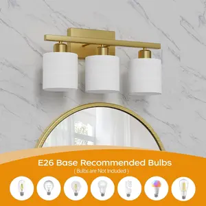 Bathroom Light Fixtures, Bathroom Lighting Fixtures Over Mirror, Interior Classic Vanity Lights, Modern Vanity Light with Textured White Glass Shade, Brushed Gold, 3-Light
