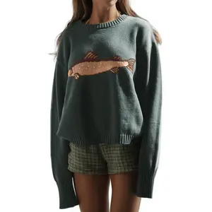 Chouyatou Women's Autumn Pullover Sweater Cute Fashion Round Neck Knitted Crucian Carp Pattern Sweater