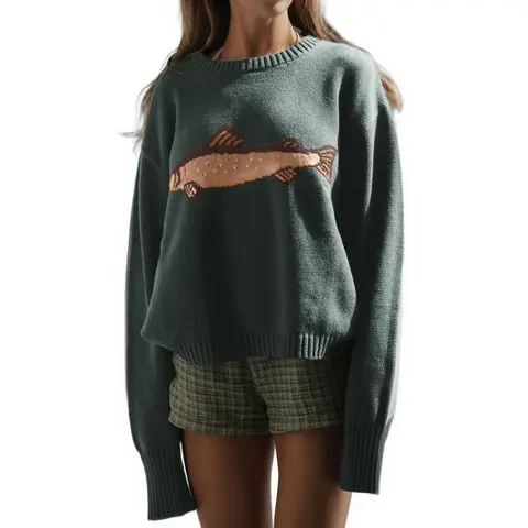 Chouyatou Women's Autumn Knit Pullover Top - Knitting Fabric, Casual Style, Round Neck, Crucian Carp Pattern, Women's Clothes, Baggy, Oversized, Knitwear, Crew Neck, Cozy Chic Women's Pullovers
