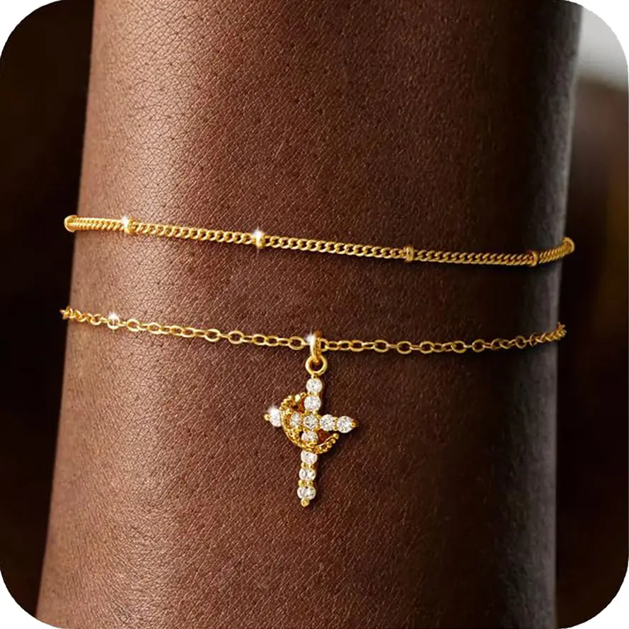 2pcs Gold Bracelets Set for Women,Dainty Gold Cross Bracelet Gold Plated Bracelets for Women Trendy Bracelet Stack Bracelet Set Waterproof Chain Bracelet Gold Jewelry for Women Baptism Gifts