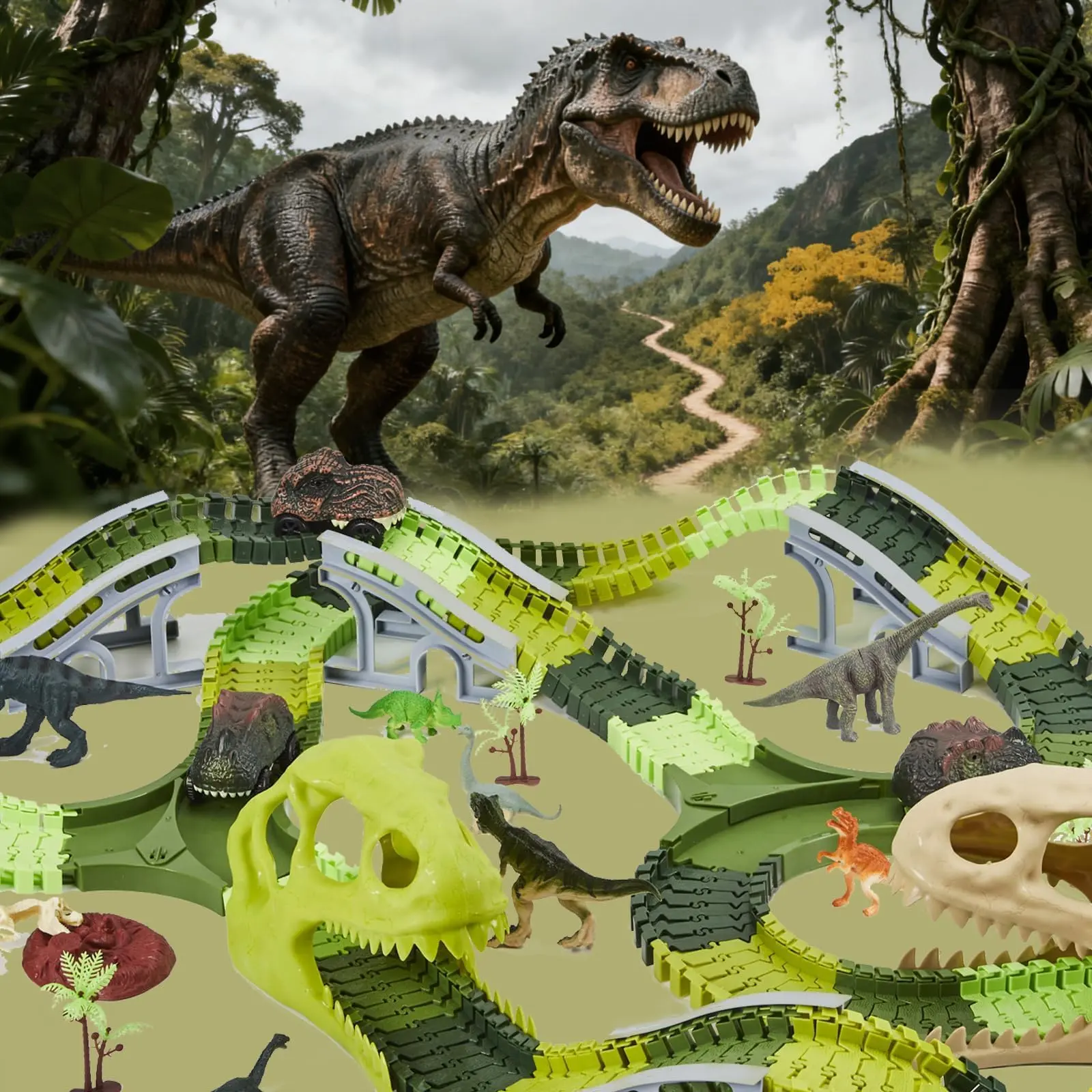 Garvee Dinosaur Race Track Toy Set - Buildable DIY Adventure Playset with Lights, Sounds, Cars, Dinosaur Figures, Bridge Supports - Unisex Kids' Birthday Gift for Ages 3-8, Boosts Spatial Reasoning for Small Hands