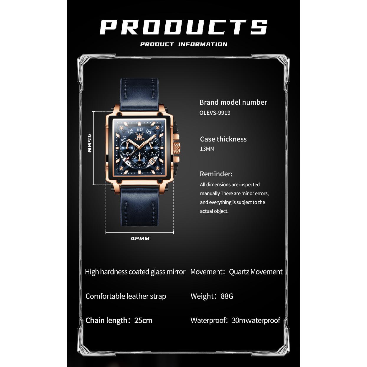 OLEVS 9919 Chronograph Multifunctional Quartz Men's Watch Leather strap 45MM Square Big Dial Leisure Sports TOP Brand Male Watch