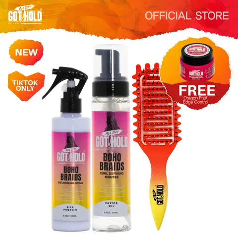 ALL DAY GOT HOLD Boho Braids Care Kit - 4-Piece Lightweight Cruelty-Free Haircare Set with Brush, Braiding Gel for Curl Defining, Frizz Control, Detangle, Wavy Hair for Adults | Hair Products