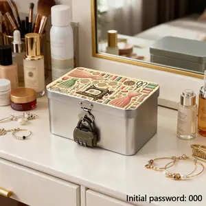 Artistic Lockable Storage Box, Vintage Pattern, Essential Home Gift, Iron Body with Silver Color Lock, Perfect for Living Room, Office, Makeup Table