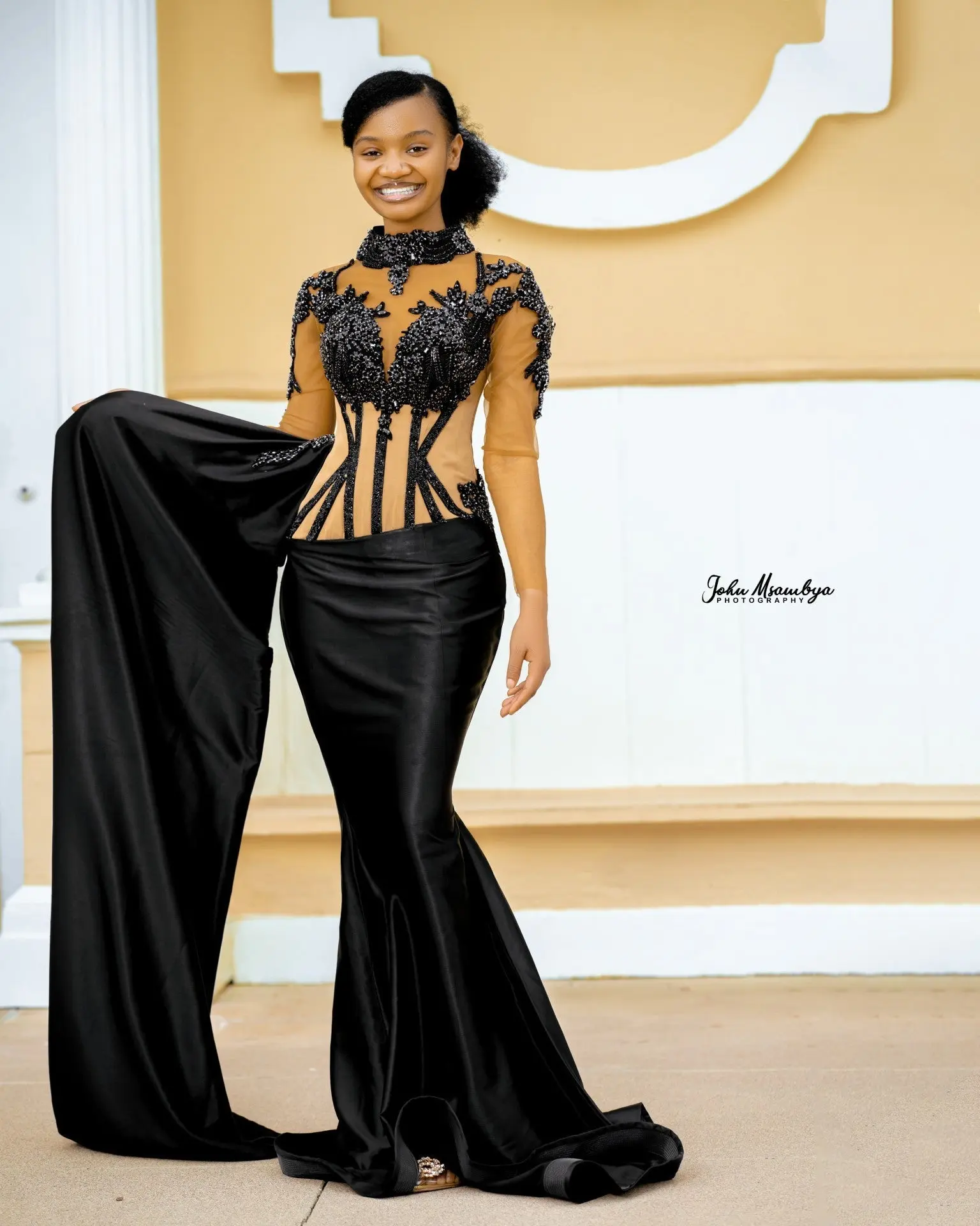 Handmade Beaded Illusion Gown, Women's Modest High-Neck Mermaid Formal Wear for Weddings & Galas