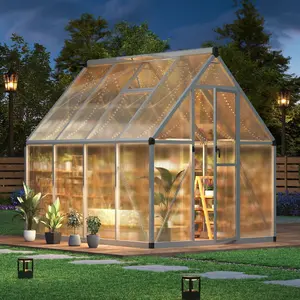 6×7 FT Outdoor Greenhouse, Large Walk in Greenhouses for Outdoors and Garden Planting, Polycarbonate Green House with Enhanced Aluminum Frame and W/Lockable Push Door, Silver