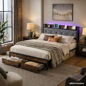 Full-Size Grey Modern Upholstered Metal Bed Frame with Arch-Shaped Headboard, LED-Accented Lights, 2 Drawers, USB Charging Station, No Box Spring Needed, Self-Assembling Easy Setup, Metal Bed Frames, Self-Assembling Bed Frames