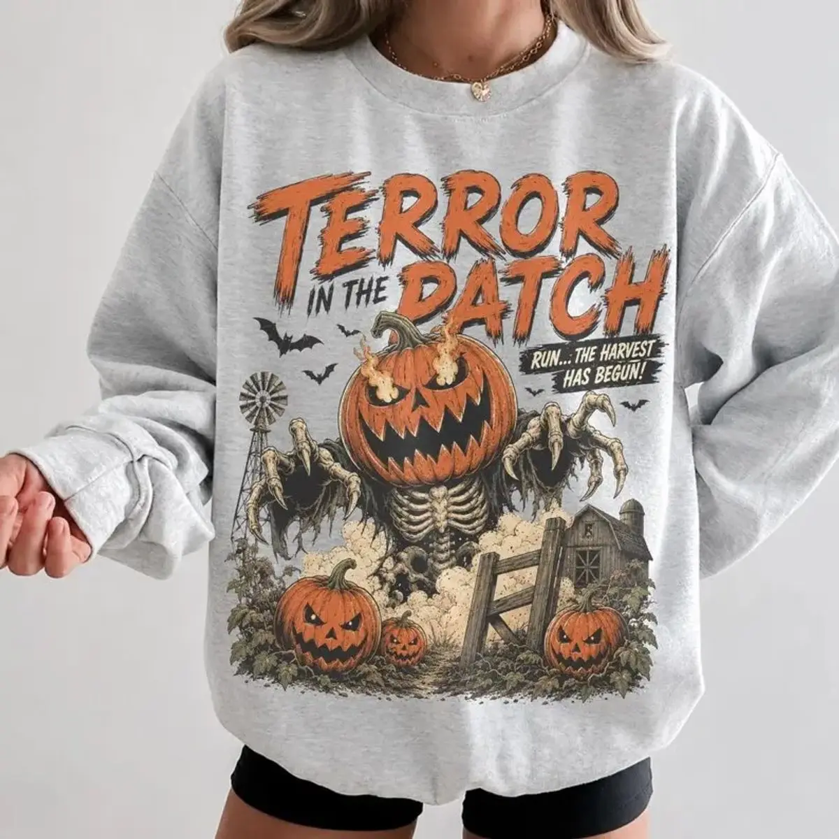Terror In The Patch Halloween Sweatshirt, Pumpkin Skeleton Graphic Crewneck, Spooky Fall Unisex Sweatshirt, Unisex Long Sleeve Crewneck Shirt