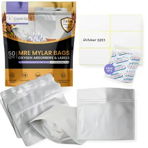 Crunch Co. MRE Mylar Bag Bundle - 50x (7.5 Mil - 7.5" x 8.5’’) Stand-Up Zipper bags, 50x 400cc Oxygen Absorbers, 50 labels - Heat Sealable & Withstand Boiling Water - Long-Term Food Storage
