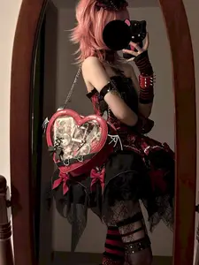 Faurala Alt Goth Devil Bat Wing Heart Bag Women's Clear Window Y2K Egirl Devil Horn Crossbody Purse Corset Lace Up Harajuku Handbag