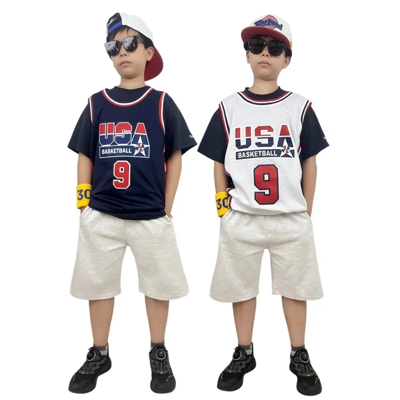 2025 Retro Youth Kids' 9# 1992 American Sizes Pure Cotton Breathable Mesh Quick-Dry Jersey - High-Quality Embroidered Logo Outdoor Sport Shirt, Blue White, Mixed Wholesale Accepted, Pure Cotton Clothing