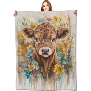 Sweet Highland Cow Blanket Cute Calf Throw Blankets,Gifts for Kids Woman Adult,Lightweight Soft Flannel,Watercolor Flower Style,for Sofa Couch Bed Room Modern Artistic Decor