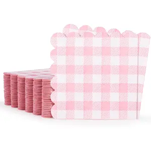 100 Pcs Pink Gingham Napkins, 5 x 5 Inches Scalloped Napkins, Disposable Cocktail Napkins For Wedding Birthday Party Baby Shower Picnic