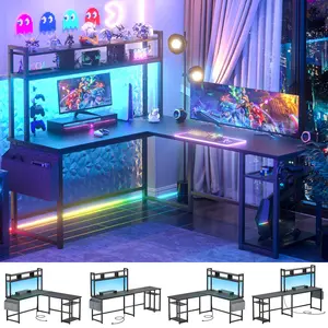 L Shaped Gaming Desk with Power Outlet & LED Strip, Reversible L-Shaped Desks Corner Computer Desk with Storage Shelf & Monitor Stand, Modern 2 Person Home Office Desk Writing Desk gamer  desk