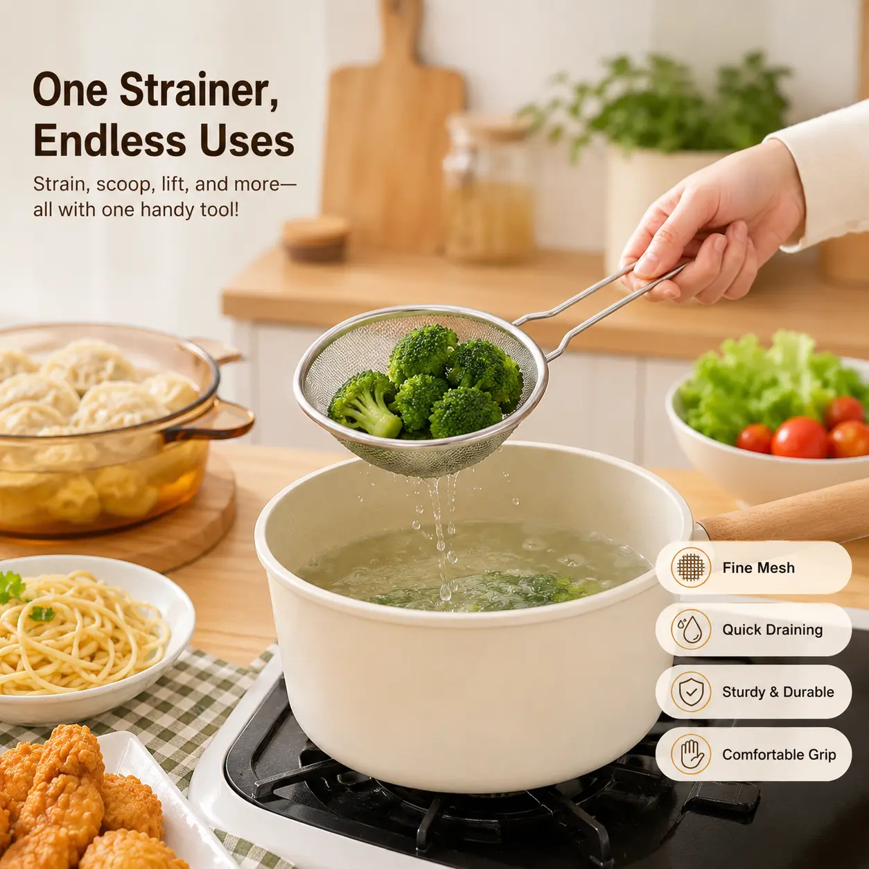 1 Count Food Grade Stainless Steel Fine Mesh Strainer, Comfortable Grip Handle for Kitchen Draining Vegetables, Filtering Oil Sauce and Sifting Powder