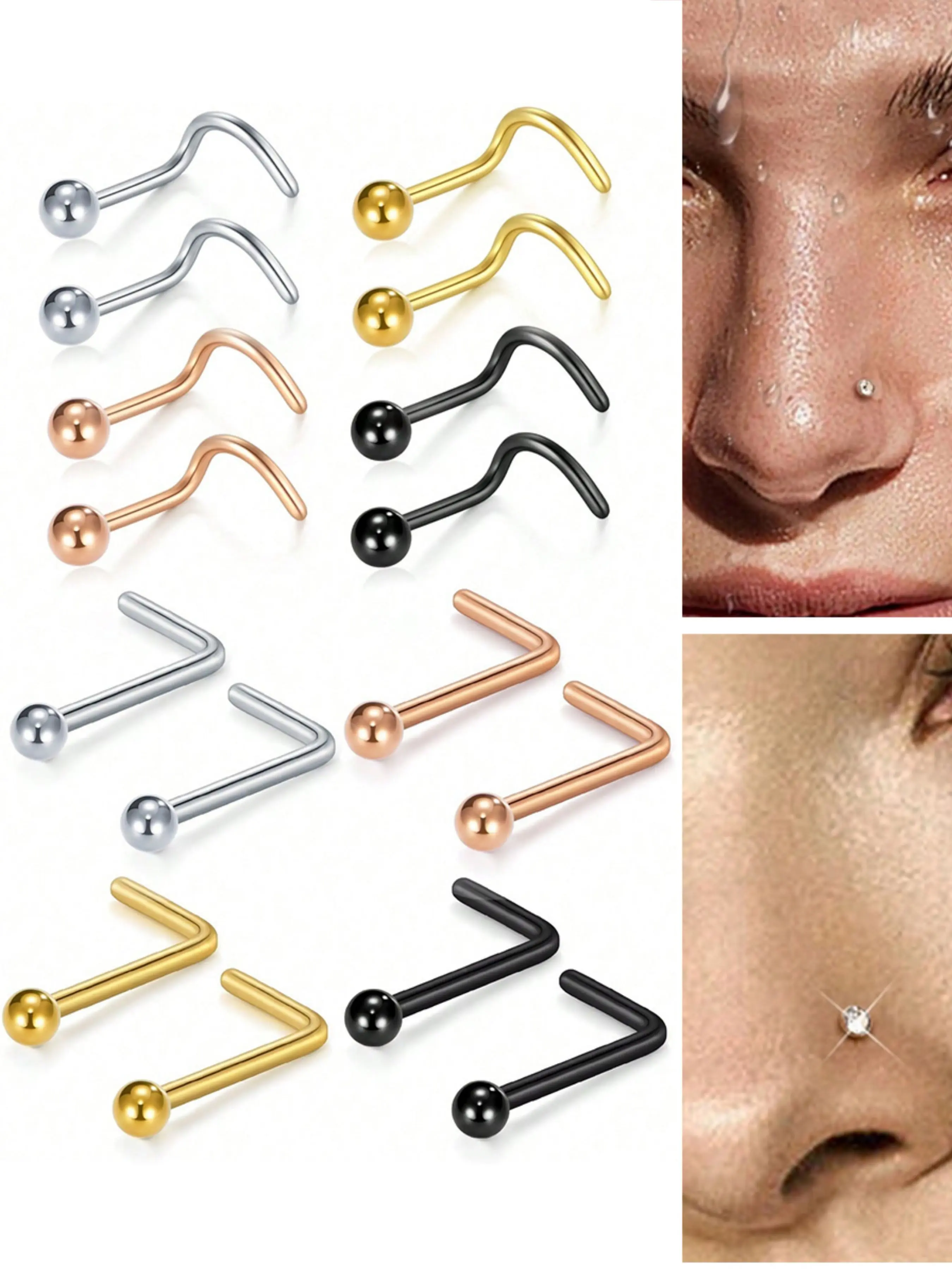 2PC Stainless Steel Nose Rings Nose Stud Ring Twister Screws L Shaped Ball Top Nose Piercing Jewelry Body Piercing Jewelry 2MM