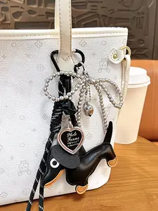 Retro PU Dachshund Heart Bead Pendant, Sweet And Cool Y2k Style, Heart Tag + Metal Bead Chain + Braided Rope Design, Perfect For Girlie Bag Charms/Keychains, A Great Accessory For Sweet And Cool Girls Going Out, An Ideal Gift For Friends And Family.
