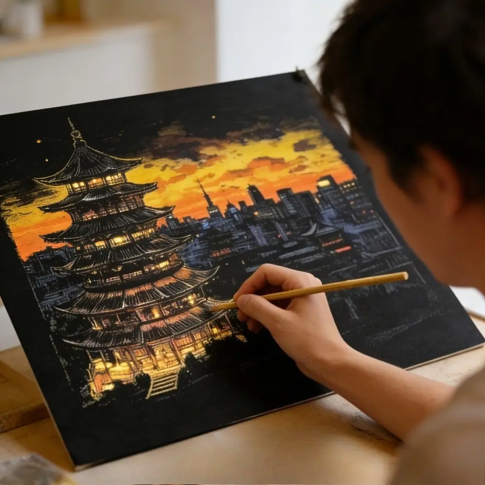 DIY Scratch Art Kit – 4 Vibrant City Skyline Artworks + Bamboo Tools, Unique Handmade Gift for Art Lovers & Creative Leisure Enthusiasts, Art Painting, DIY Decorative Painting, Arts Crafts Supplies