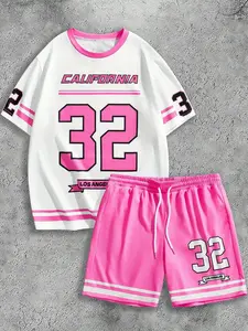 Two-piece suit size 32 Los Angeles & California casual round neck short sleeve drawstring shorts suit pink cartoon street numbers sports suit for men and women