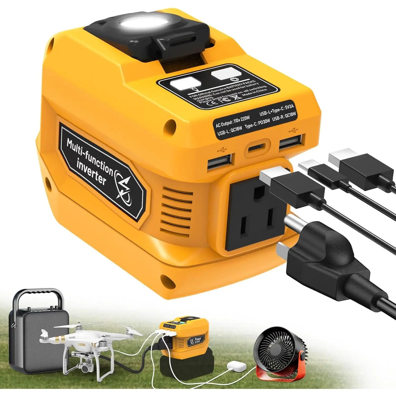 220W Power Inverter for  20V , DC 20V to AC 110V  Inverter, Portable Power Station Generator with 1 AC Outlet, 2 USB Ports & 1 Type-C Fast , 400LM LED Work Light