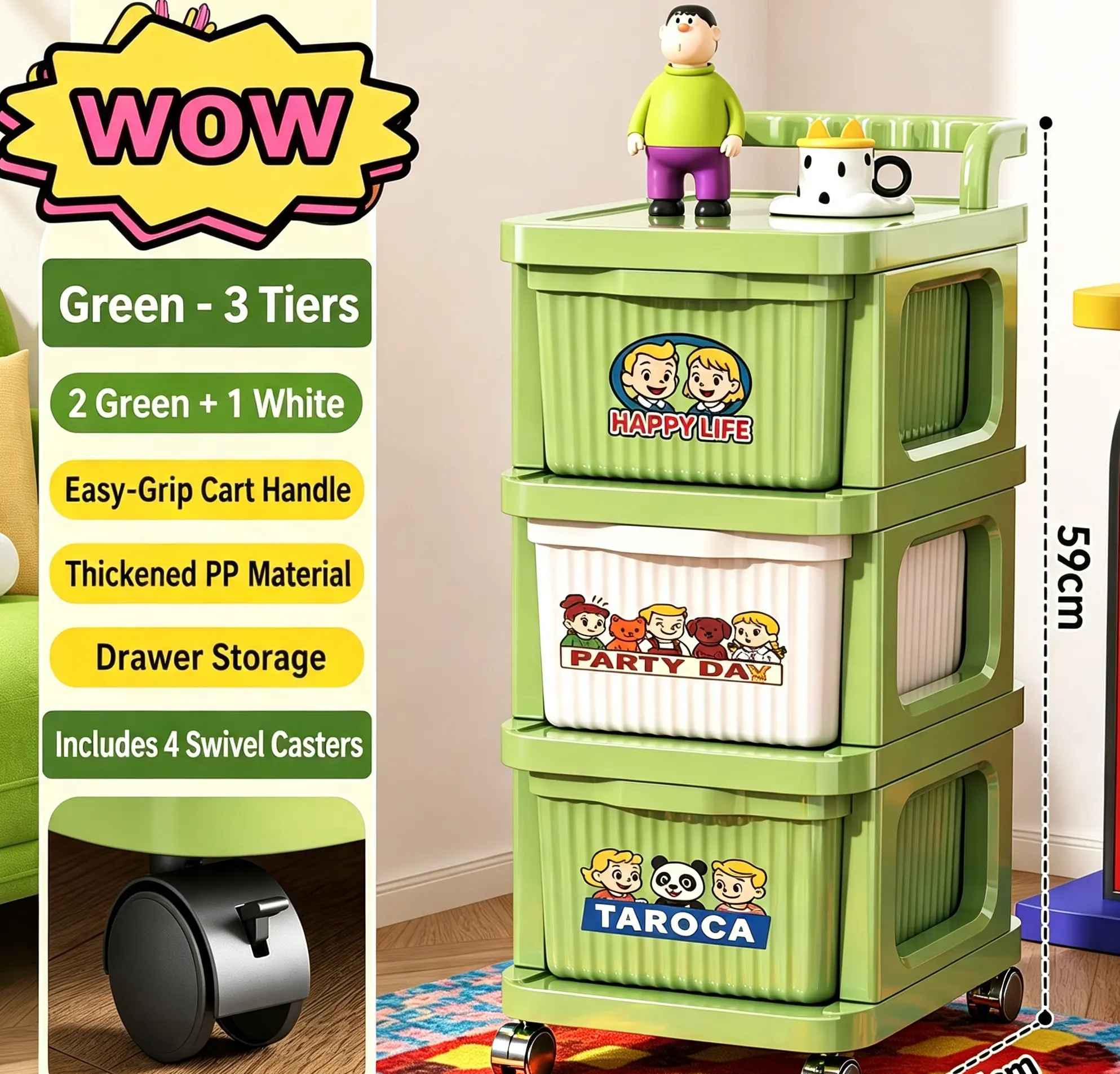 Multi-tier toy storage rack for living room, household snack organizer, freestanding floor storage rack, mobile dopamine-style cart