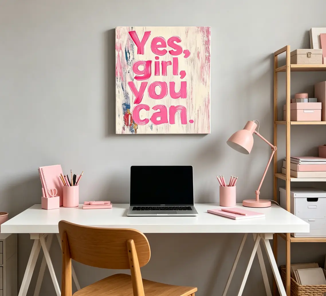 1-Piece Framed Canvas Art - Hand-Drawn Simple Pink Typography "Yes Girl You Can" Home Items, Ready-to-Hang Inspirational Wall Decor for Home Office or Bathroom Gift