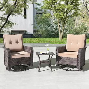 Mother's Day GiftKullavik 3 Pieces Patio Furniture Set with 4-inch Thick Cushion,360 Degree Swivel Rocking Chairs and Rattan Side Table for Garden,Porch,Backyard
