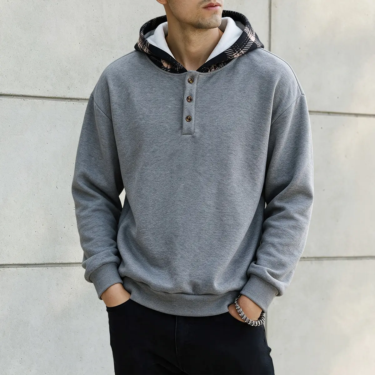Men's Contrast Plaid Hood Henley Sweatshirt, 3 Buttons Half Placket Pullover Hoodie, Casual Loose Fit Long Sleeve Top, Fall Winter Daily Streetwear Hooded Sweatshirt For Men