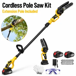 2-in-1 Cordless Aluminium-Frame Pole Saw & Plastic Mini Chainsaw Kit, 6-in Battery-Powered Extendable Tree Pruning Saw with 2 Rechargeable Batteries for Easier Backyard Trimming & Garden Use