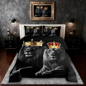 3D Lion Couple Bedding Set,Lover and Crown Comforter Set for Women Men Teens Room Decor,African Wild Animals Quilt Set,Adult Valentine's Day Duvet Insert