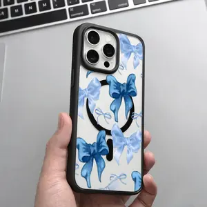 Blue Bow Tie Pattern Phone Case for iPhone 11 12 13 14 15 16 17 Pro Max Clear Magnetic MagSafe Protective Phone Cases