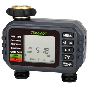 Melnor 2-Zone Programmable Digital Water Timer - Outdoor, Dirt-Proof, Digital Display, Manual On, Rain Delay, Zone Control (Large Home Appliance Accessory)