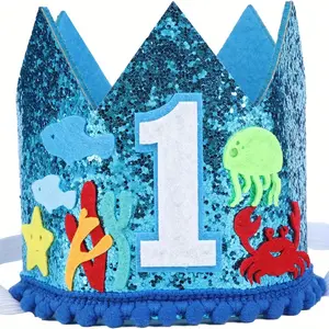 1 Pcs Ocean Theme Birthday Hat The Sea Birthday Glitter Crown Blue, Jellyfish Happy Birthday Party Decorations Supplies Favors Photo Booth Props