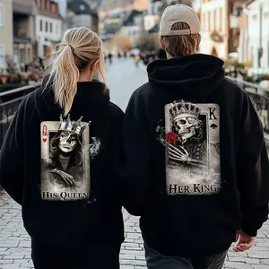 [Made in USA] His Queen Her King Hoodie Skeleton King & Queen Playing Card Graphic Pullover, Trendy Couple Hoodie Set, Gothic Casual Unisex Hoodie, Fleece Fabric Streetwear, His and Hers Matching Hoodie Gift for Couples