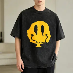 Men's Vintage Washed T-Shirt Yellow Smiley Face Print Oversized Graphic Tee Outdoor Casual Short Sleeve