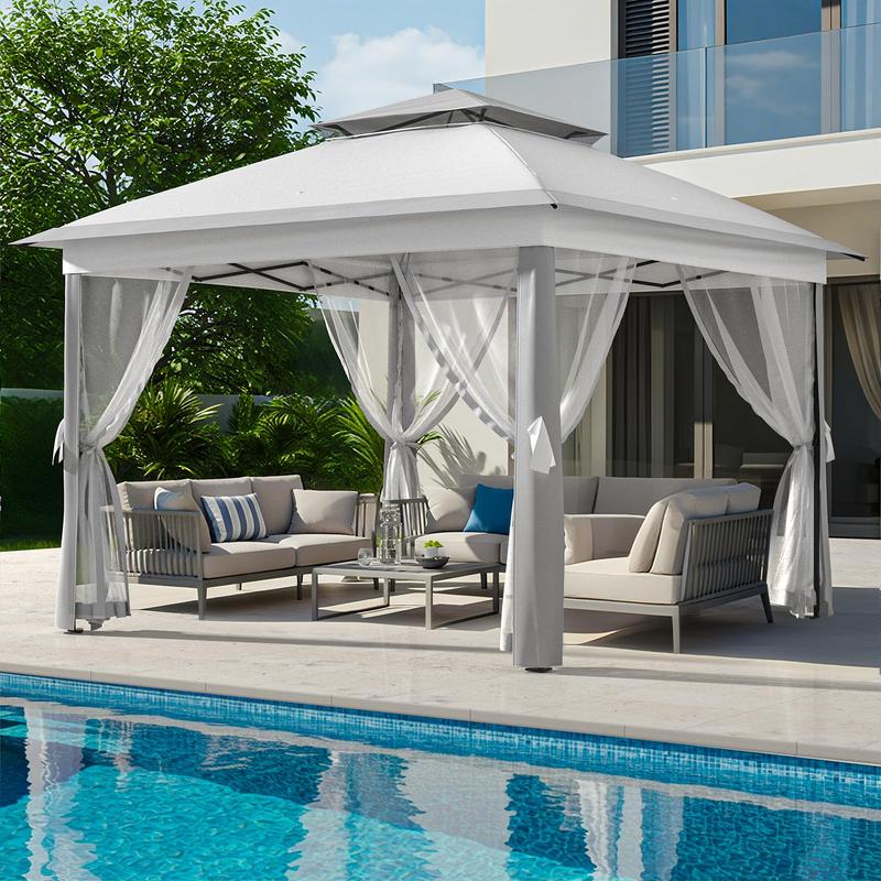 GAOMON 11x11 FT Outdoor Gazebo, Heavy Duty Pavilion With Sturdy Metal Frame & Double Roofs, Patio Shelter With Mosquito Netting,Grey